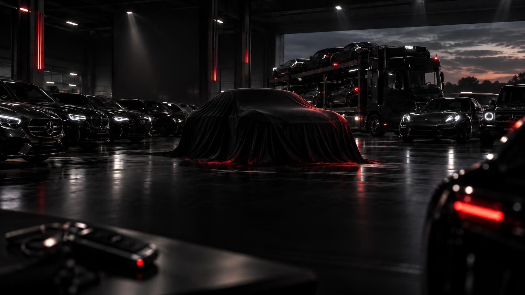 Dunkle Garage mit verhülltem Fahrzeug